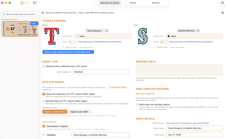 Screenshot of a sports event data interface showing teams, event details, and customizable text fields.