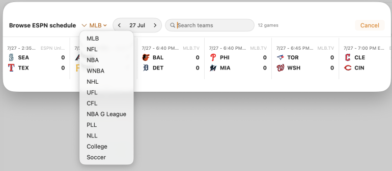 A dropdown menu shows sports leagues, with MLB selected and upcoming game scores displayed above.
