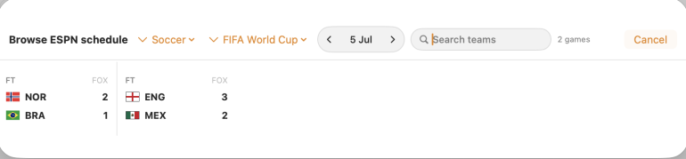 ESPN schedule shows Norway 2-3 England and Brazil 1-2 Mexico, both FIFA World Cup games on July 5.