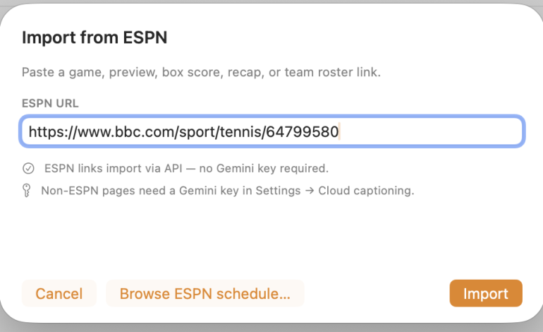 A dialog box shows an ESPN URL import field with Import and Cancel buttons at the bottom.