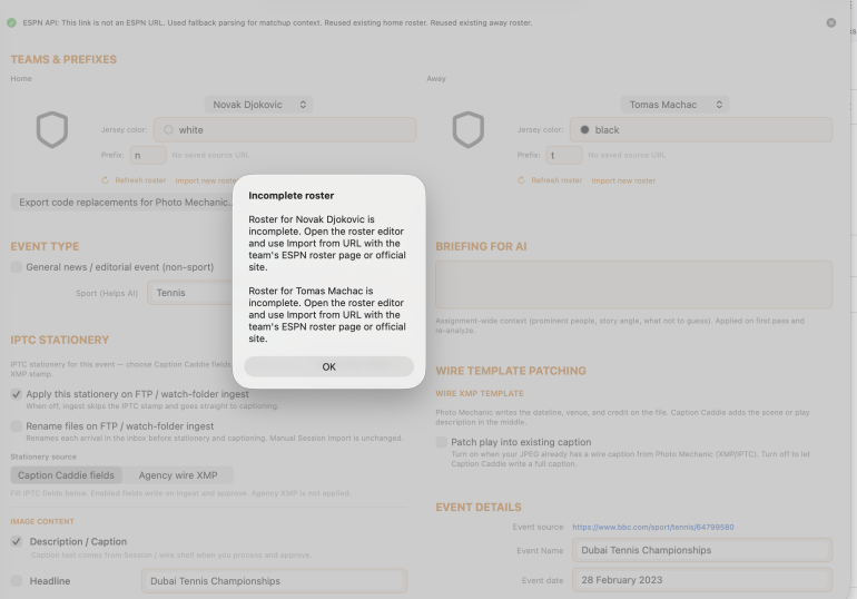 A pop-up message says, Incomplete roster on a webpage with tennis team and event settings in the background.
