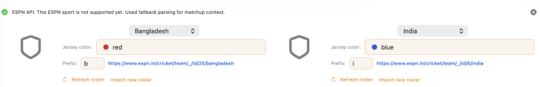 Two dropdowns show Bangladesh with a red jersey and India with a blue jersey, plus related URLs.