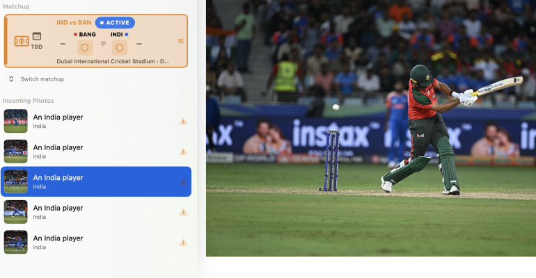 A Bangladesh cricketer hits the ball during a match, with match details shown on the left panel.