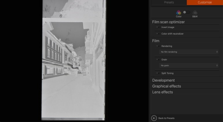 A black and white negative of a street scene is shown next to film editing options on a software interface.