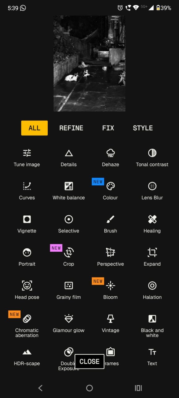 A photo editing app menu with various image adjustment and filter options displayed on a smartphone screen.
