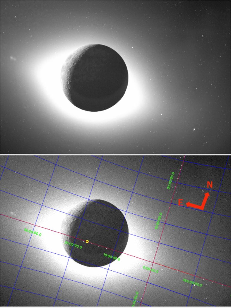 Top: Moon with glowing corona. Bottom: Same image with grid lines and labeled E and N directions.
