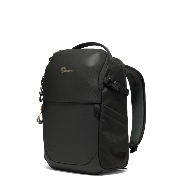 Black Lowepro backpack with top handle, shoulder straps, side buckle, and front pocket against a white background.