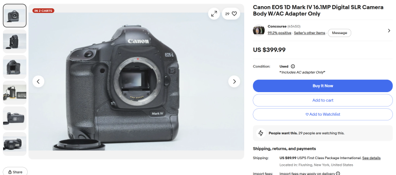 Canon EOS 1D Mark IV DSLR camera body with cap, shown on a white background in an online listing.
