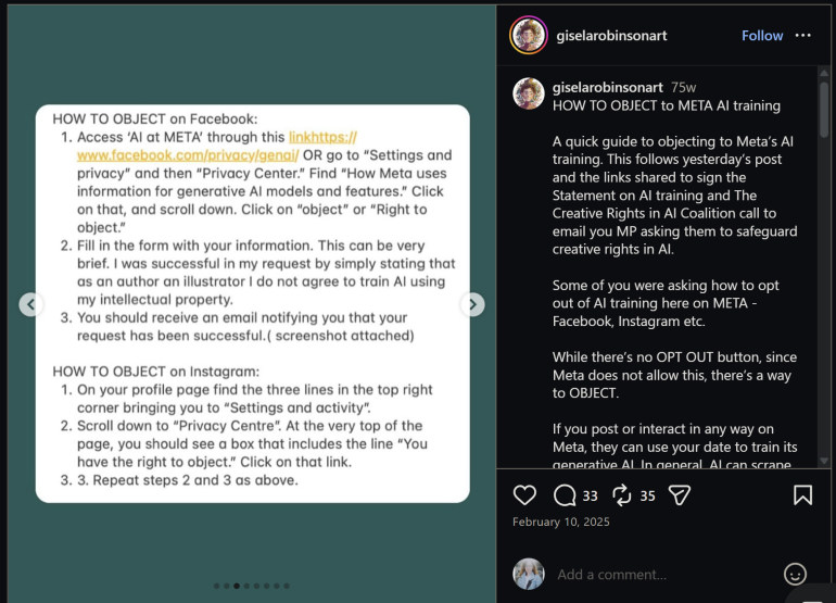 Screenshot explaining how to object to AI training on Facebook, with detailed step-by-step instructions.