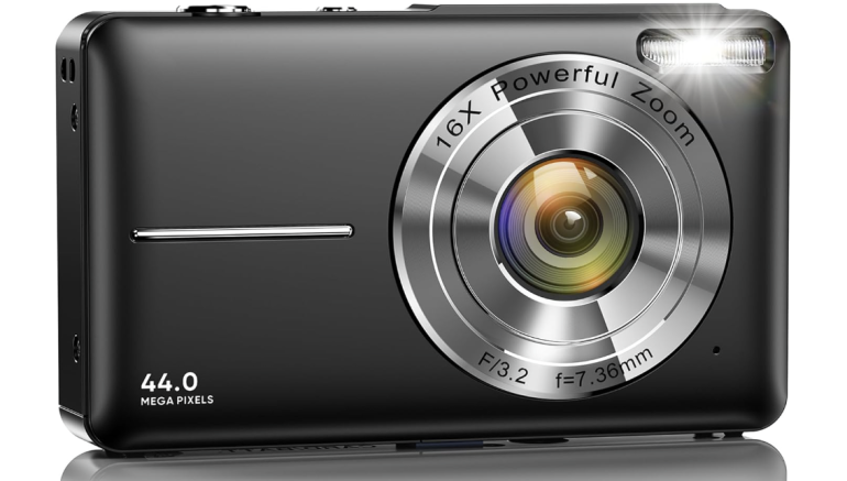 Black digital camera with 16x powerful zoom lens and flash, labeled 44.0 megapixels.