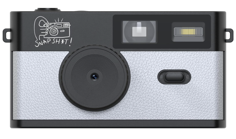 Front view of a black and white camera with SNAPSHOT! text and drawing on the upper left corner.