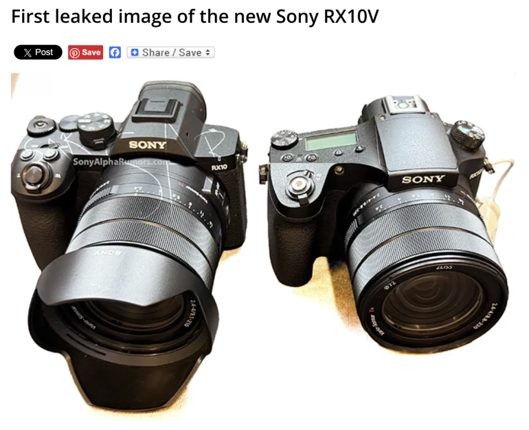 Two Sony RX10 cameras side by side on a white surface, both with large attached lenses.