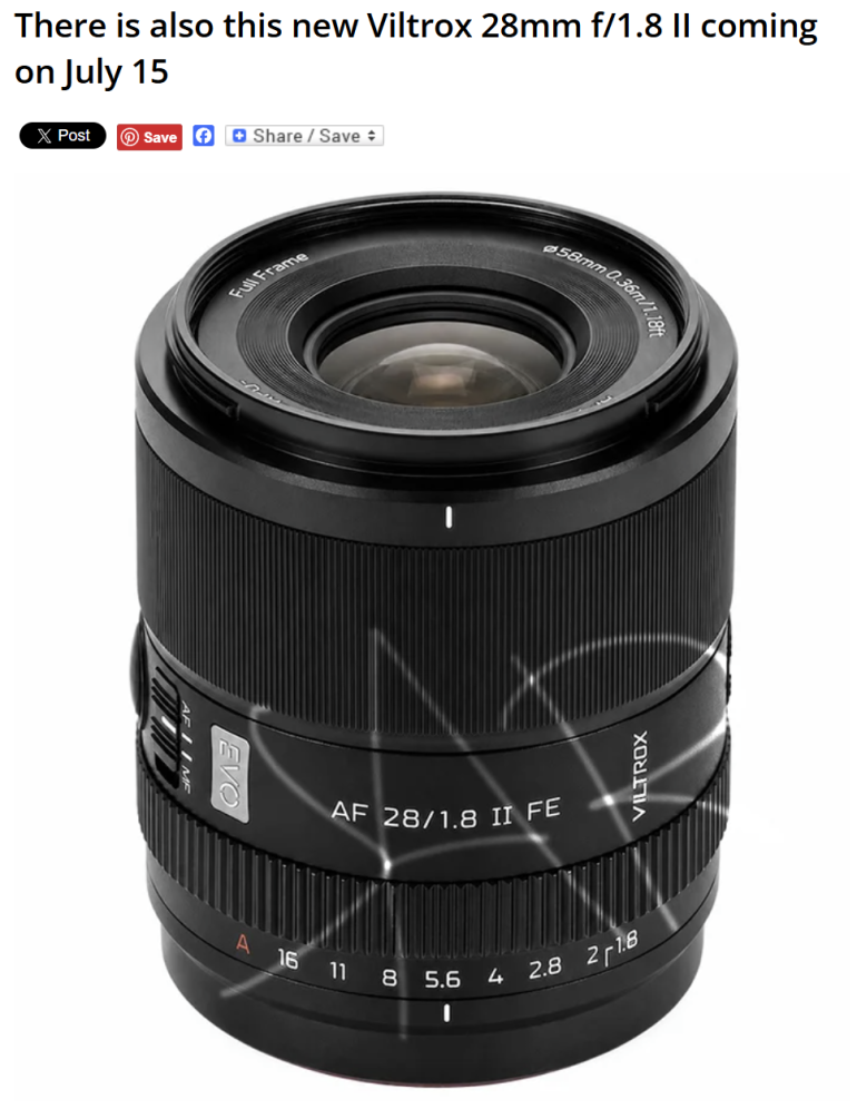 A Viltrox 28mm f/1.8 II FE camera lens standing upright on a white background.