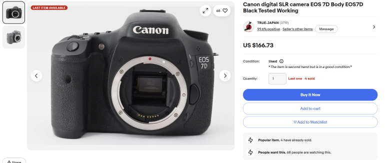 Canon EOS 7D DSLR camera body, lens removed, displayed for sale on an e-commerce website.