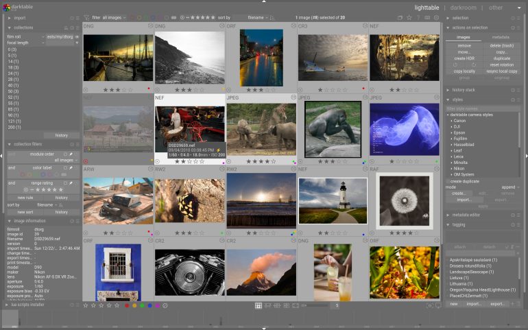 A computer screen showing photo editing software with various landscape and wildlife images displayed.