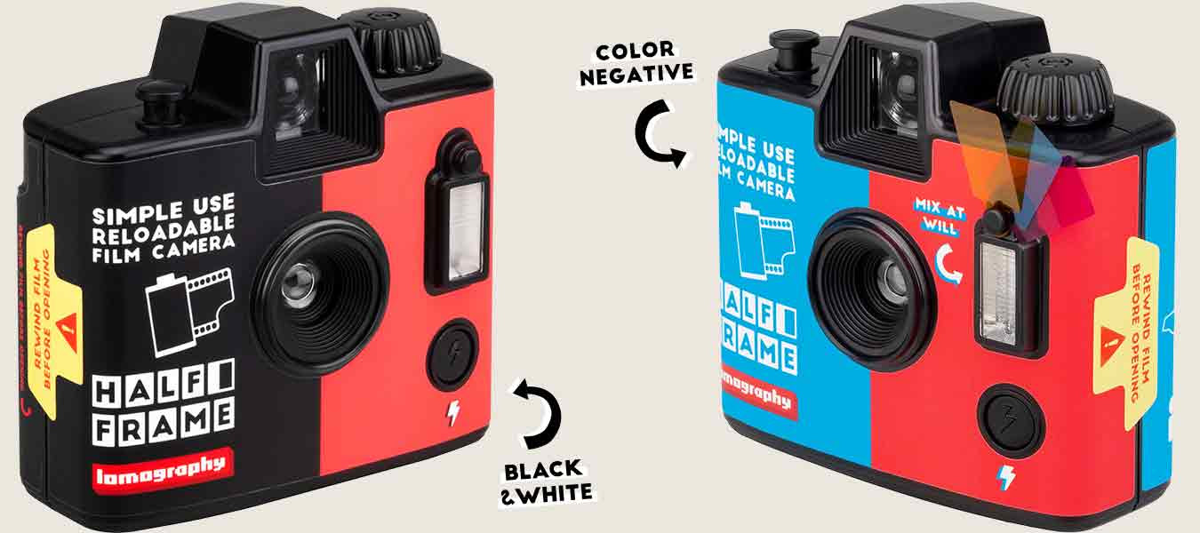 The New Lomography Half-Frame Camera Has a Strange Feature Two colorful Lomography half-frame cameras, one for color negative and one for black & white film.
