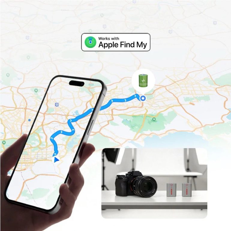 A hand holds a phone showing a map route; camera gear is shown below, suggesting Apple Find My tracking.
