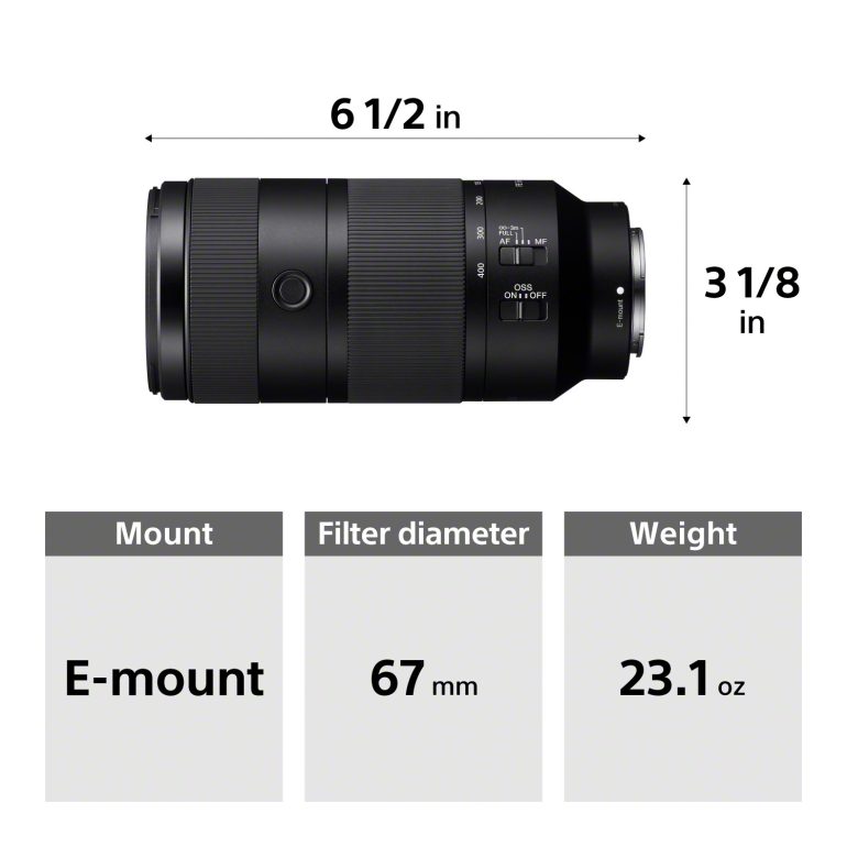 Black camera lens with E-mount, 67 mm filter diameter, 23.1 oz weight, 6.5 in length, 3.1 in diameter.