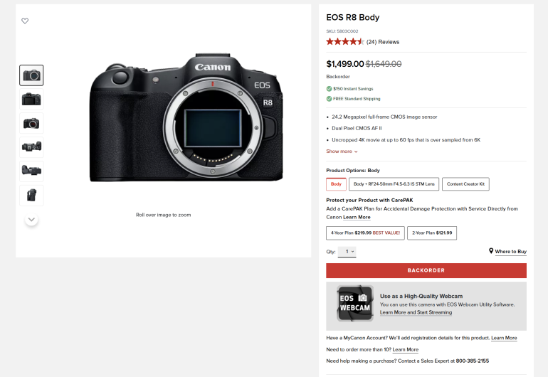 Canon EOS R8 mirrorless camera body displayed on a white background with pricing and purchase options shown.