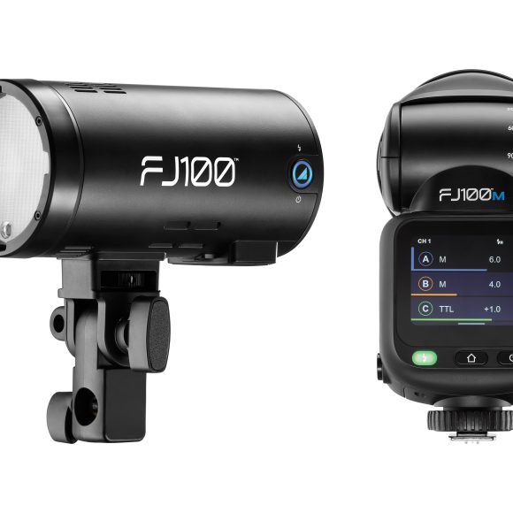 Two views of a black FJ100 studio strobe: one side profile, one rear with display and control buttons.