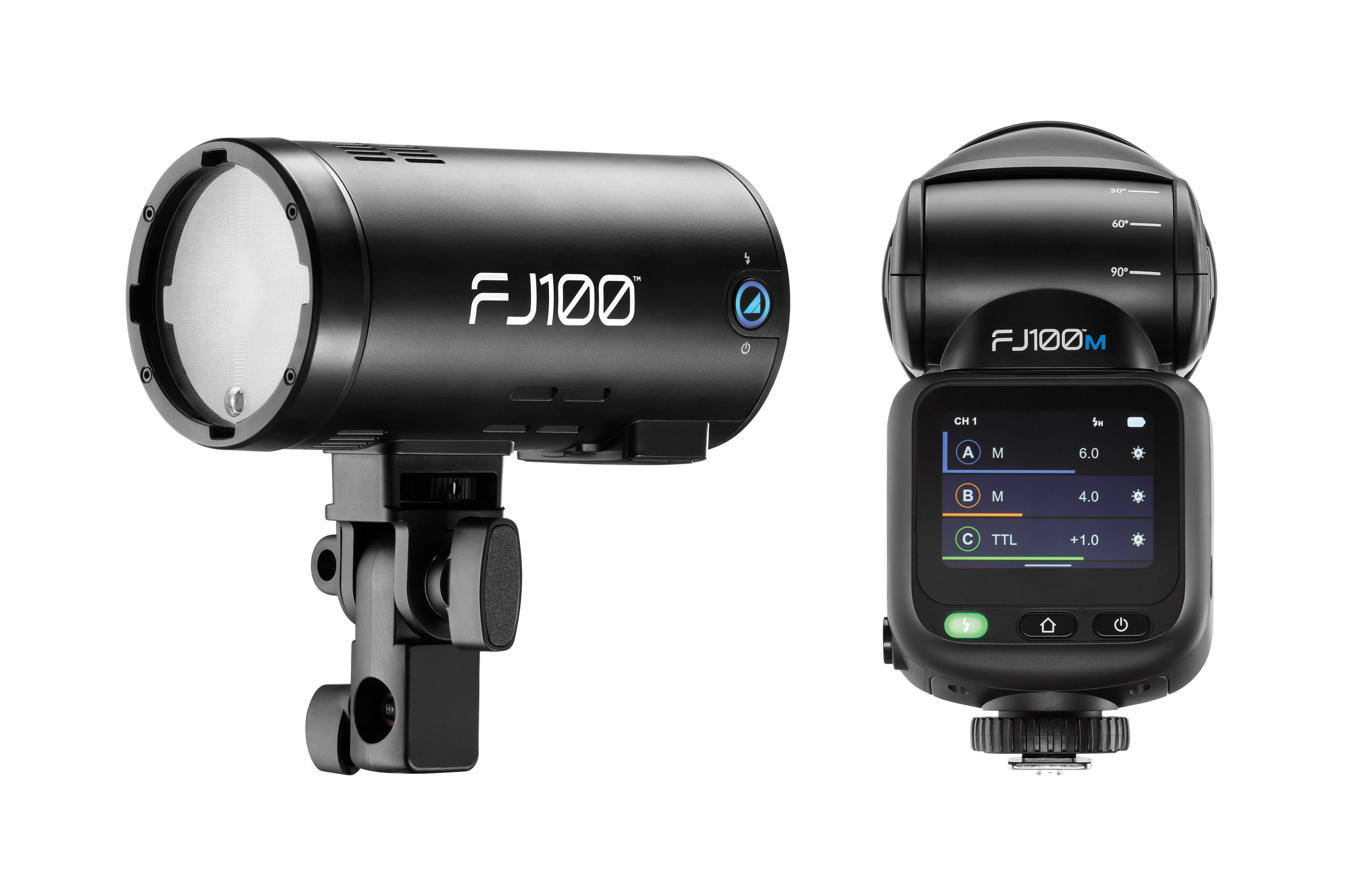 Two views of a black FJ100 studio strobe: one side profile, one rear with display and control buttons.