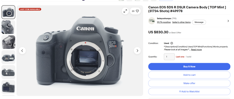 Canon EOS 5DS R DSLR camera body for sale on eBay, displayed without a lens in a product listing.